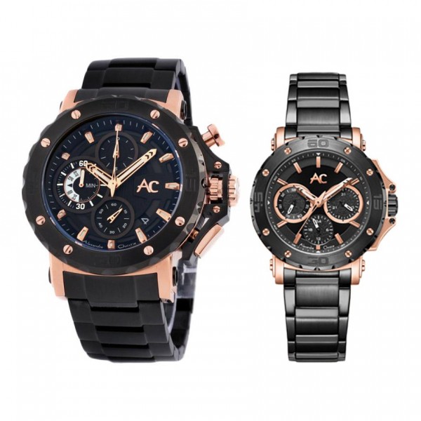 Alexandre Christie AC 9205 Rosegold Black Steel Couple